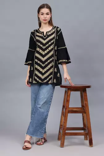 hand embroidered black cotton lucknowi chikankari top