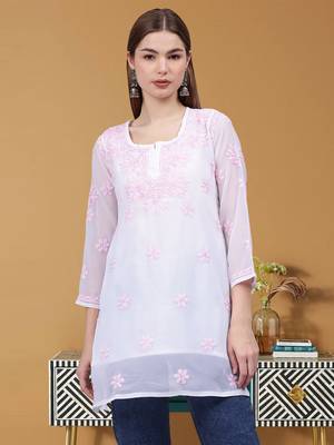 hand embroidered white georgette lucknowi chikankari top with slip 1
