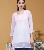 hand embroidered white georgette lucknowi chikankari top with slip