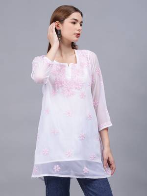 hand embroidered white georgette lucknowi chikankari top with slip 2