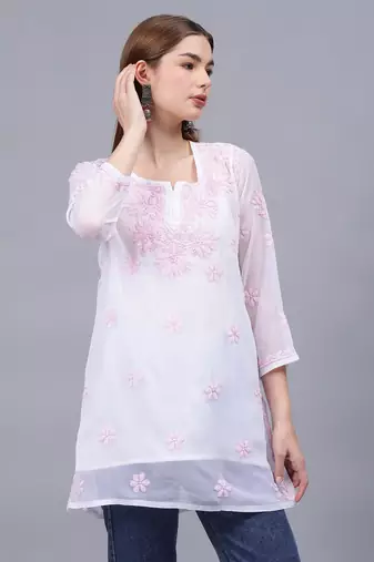 hand embroidered white georgette lucknowi chikankari top with slip