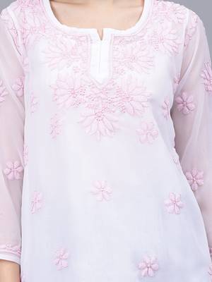 hand embroidered white georgette lucknowi chikankari top with slip 3