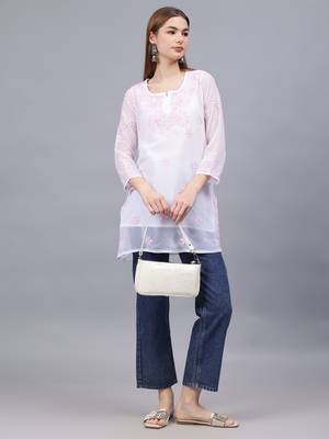 hand embroidered white georgette lucknowi chikankari top with slip 4