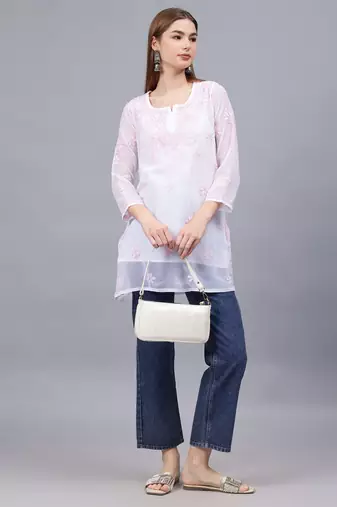 hand embroidered white georgette lucknowi chikankari top with slip