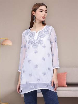 hand embroidered white georgette lucknowi chikankari top with slip 1