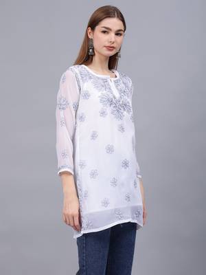 hand embroidered white georgette lucknowi chikankari top with slip 2