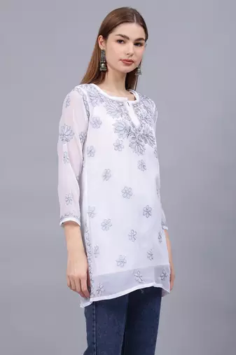 hand embroidered white georgette lucknowi chikankari top with slip