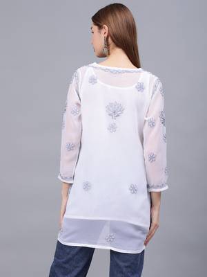 hand embroidered white georgette lucknowi chikankari top with slip 3