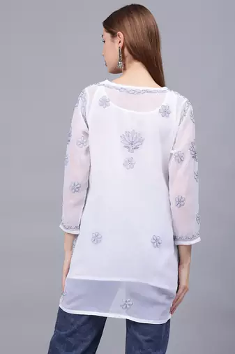 hand embroidered white georgette lucknowi chikankari top with slip