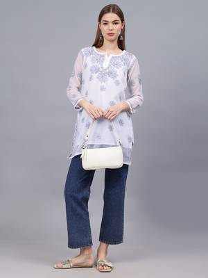 hand embroidered white georgette lucknowi chikankari top with slip 4
