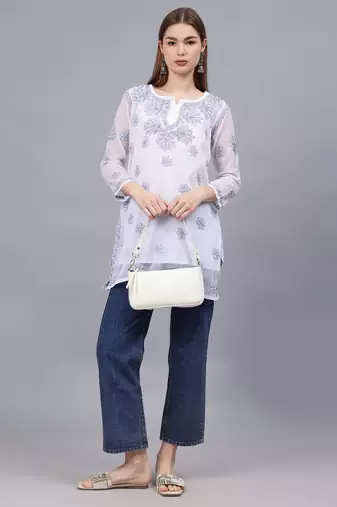 hand embroidered white georgette lucknowi chikankari top with slip
