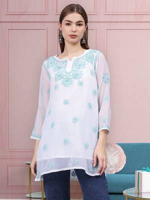 hand embroidered white georgette lucknowi chikankari top with slip 1