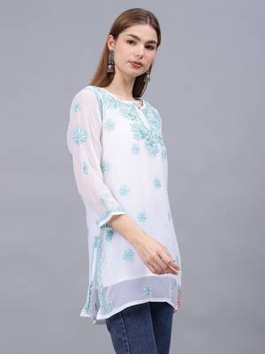 hand embroidered white georgette lucknowi chikankari top with slip 2