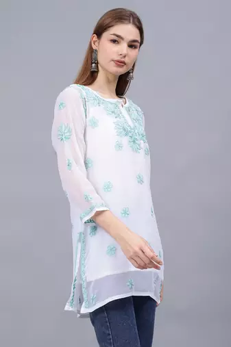 hand embroidered white georgette lucknowi chikankari top with slip