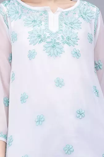 hand embroidered white georgette lucknowi chikankari top with slip