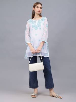 hand embroidered white georgette lucknowi chikankari top with slip 4
