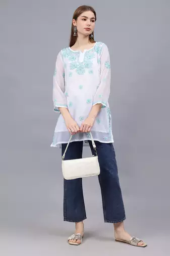 hand embroidered white georgette lucknowi chikankari top with slip