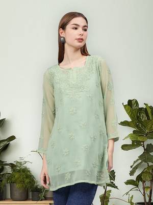 hand embroidered green georgette lucknowi chikankari top with slip 1