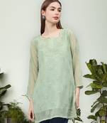 hand embroidered green georgette lucknowi chikankari top with slip