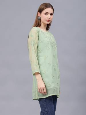 hand embroidered green georgette lucknowi chikankari top with slip 2