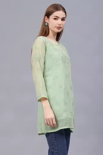 hand embroidered green georgette lucknowi chikankari top with slip