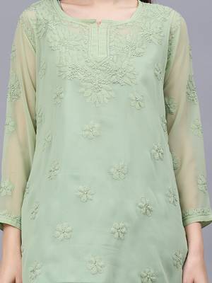hand embroidered green georgette lucknowi chikankari top with slip 3
