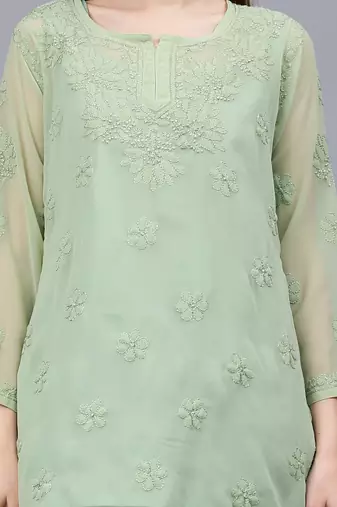 hand embroidered green georgette lucknowi chikankari top with slip