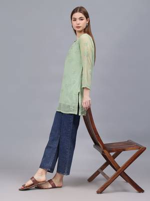 hand embroidered green georgette lucknowi chikankari top with slip 4