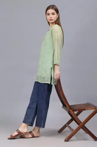 hand embroidered green georgette lucknowi chikankari top with slip
