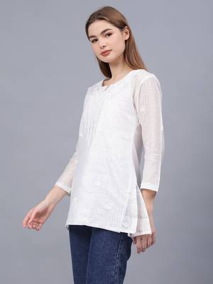 hand embroidered white chanderi lucknowi chikankari top with slip 2