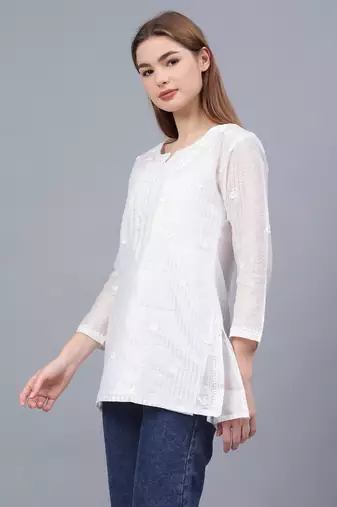 hand embroidered white chanderi lucknowi chikankari top with slip