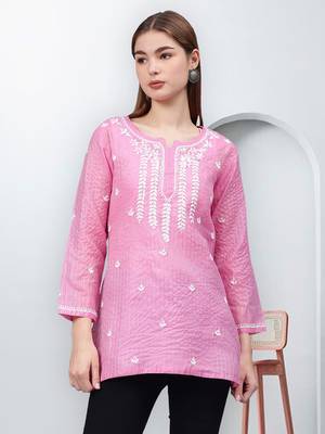 hand embroidered pink chanderi lucknowi chikankari top with slip 1