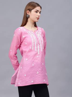 hand embroidered pink chanderi lucknowi chikankari top with slip 2