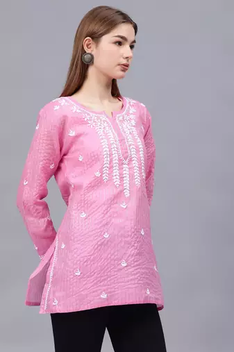 hand embroidered pink chanderi lucknowi chikankari top with slip