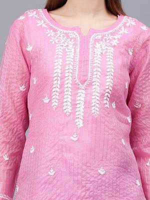 hand embroidered pink chanderi lucknowi chikankari top with slip 3