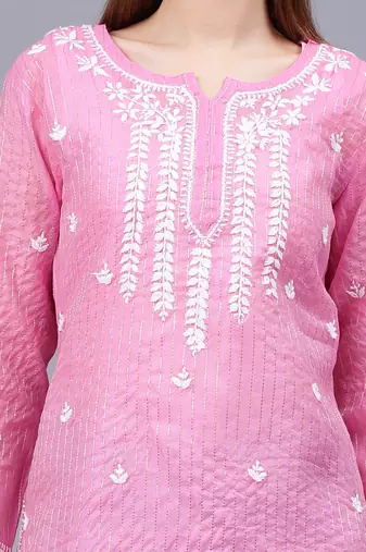 hand embroidered pink chanderi lucknowi chikankari top with slip