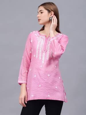 hand embroidered pink chanderi lucknowi chikankari top with slip 4