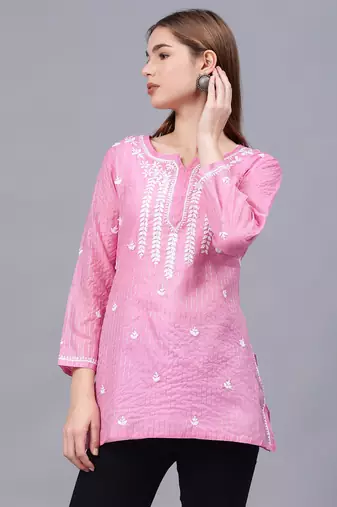 hand embroidered pink chanderi lucknowi chikankari top with slip