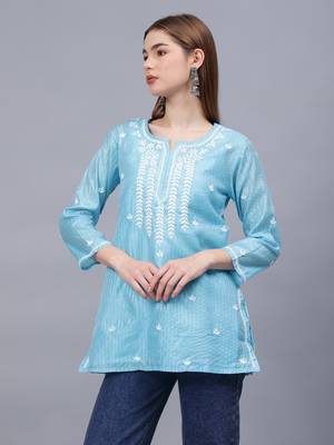 hand embroidered blue chanderi lucknowi chikankari top with slip 1