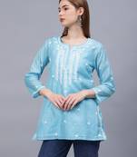 hand embroidered blue chanderi lucknowi chikankari top with slip