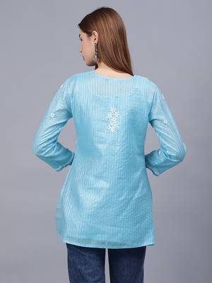hand embroidered blue chanderi lucknowi chikankari top with slip 2