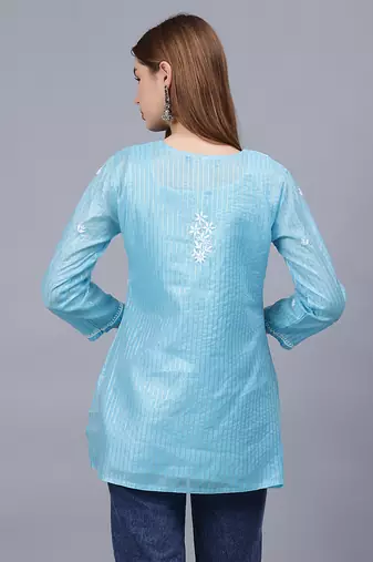 hand embroidered blue chanderi lucknowi chikankari top with slip