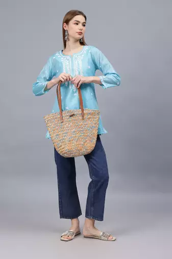 hand embroidered blue chanderi lucknowi chikankari top with slip