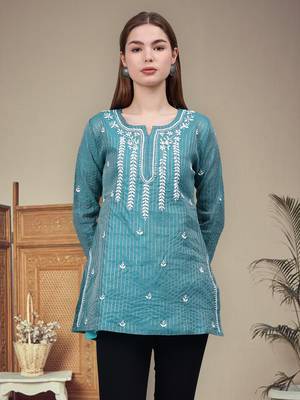 hand embroidered bottle green chanderi lucknowi chikankari top with slip 1
