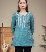 hand embroidered bottle green chanderi lucknowi chikankari top with slip