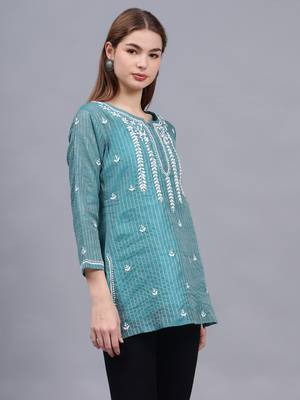 hand embroidered bottle green chanderi lucknowi chikankari top with slip 2