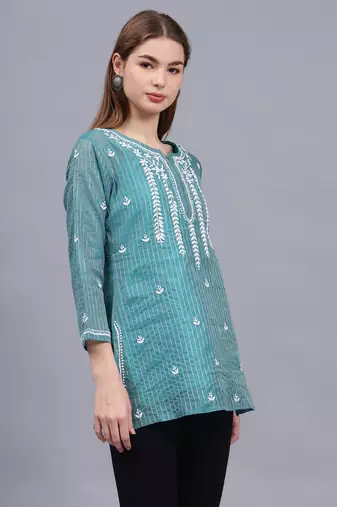 hand embroidered bottle green chanderi lucknowi chikankari top with slip
