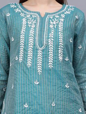 hand embroidered bottle green chanderi lucknowi chikankari top with slip 3