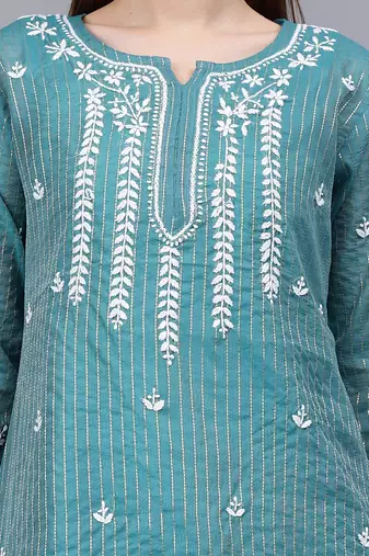 hand embroidered bottle green chanderi lucknowi chikankari top with slip