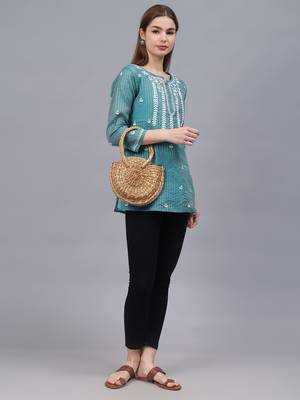 hand embroidered bottle green chanderi lucknowi chikankari top with slip 4